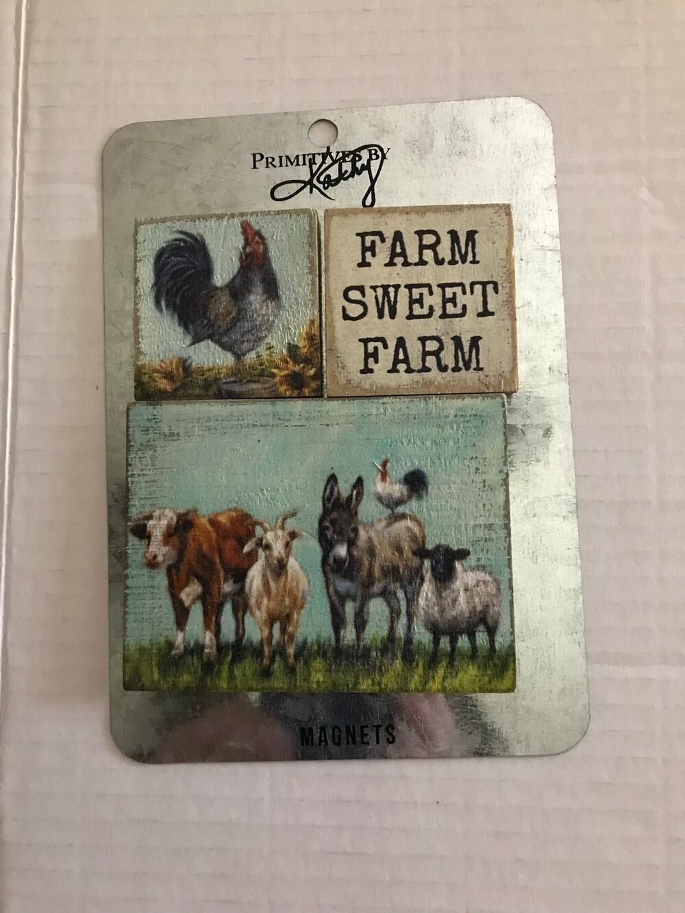 " Farm Sweet Farm"    Set of 3 Primitives By Kathy With Magnetic Silver Board